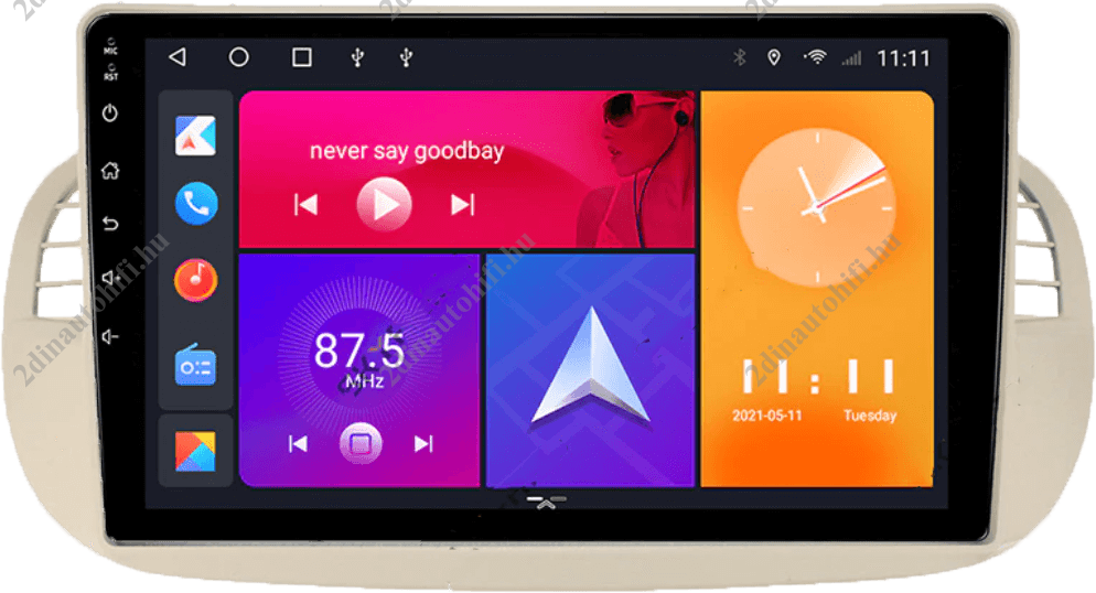 – típus specifikus autóhifi Fiat 500 (2007-2015) 9″-os kijelzős 2 DIN Autórádió magyar Android rendszerrel Wifi Bluetooth DSP